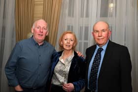 Margaret Jackson pictured with her brother (and donor) John McLoone and consultant Professor Frank Jones at her 65th birthday celebrations in Bishop’s Gate Hotel. Photo: George Sweeney