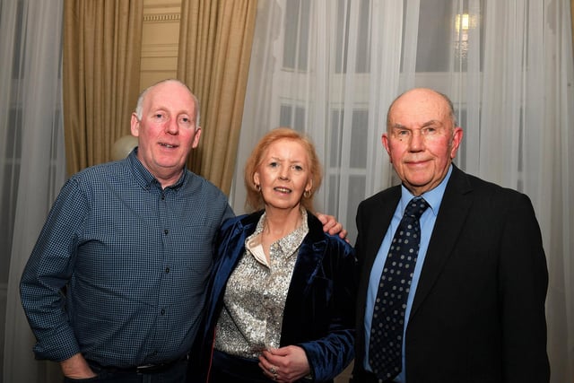 Margaret Jackson pictured with her brother (and donor) John McLoone and consultant Professor Frank Jones at her 65th birthday celebrations in Bishop’s Gate Hotel. Photo: George Sweeney