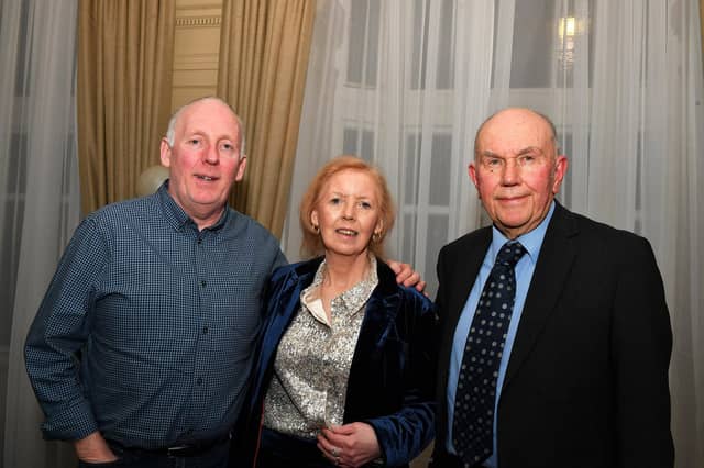 Margaret Jackson pictured with her brother (and donor) John McLoone and consultant Professor Frank Jones at her 65th birthday celebrations in Bishop’s Gate Hotel. Photo: George Sweeney