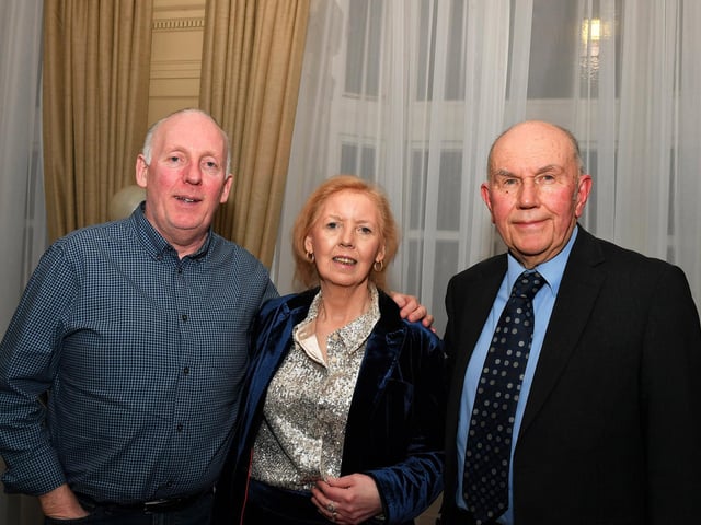 Margaret Jackson pictured with her brother (and donor) John McLoone and consultant Professor Frank Jones at her 65th birthday celebrations in Bishop’s Gate Hotel. Photo: George Sweeney