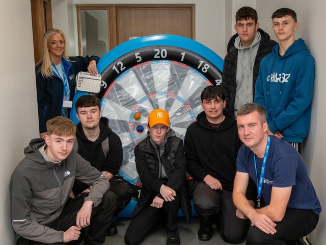 Careers Academy staff Louise O'Donnell and Charley Cusack with students Oisin, Conor, Jake, Tyler, Jacob, and Ethan and Freshers' Day at Springtown Campus. : .
