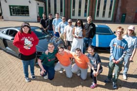 The Mayor Councillor Lilian Seenoi-Barr pictured with Bud Club’s Gavin Melly and Gary and Stephen McCaul they met with young people from the Mayoral Charity Bud Club ahead of Super Car Saturday in Guildhall Square on the Saturday 24th of May. Picture Martin McKeown. 09.04.25