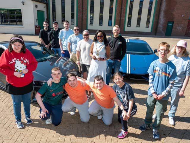 The Mayor Councillor Lilian Seenoi-Barr pictured with Bud Club’s Gavin Melly and Gary and Stephen McCaul they met with young people from the Mayoral Charity Bud Club ahead of Super Car Saturday in Guildhall Square on the Saturday 24th of May. Picture Martin McKeown. 09.04.25
