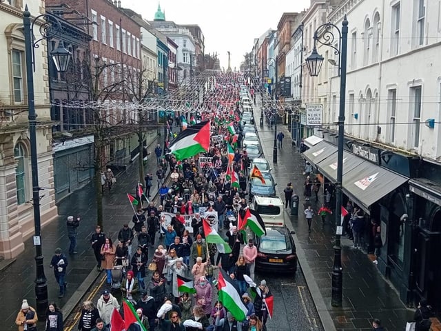 Thousands participate in Derry rally for Palestine calling for a ceasefire in Gaza on January 13, 2024