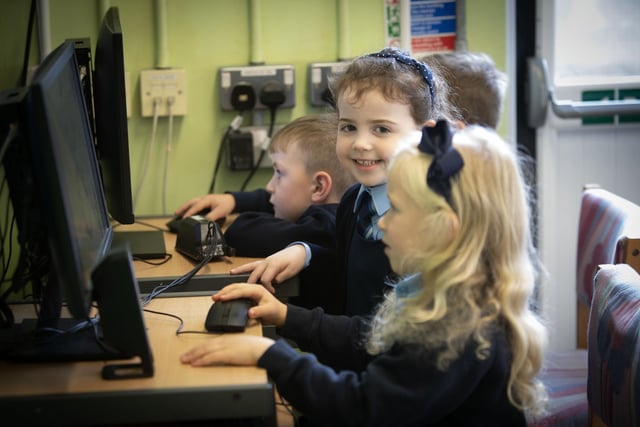 A big smile from P1 pupil Sophia while the rest concentrate on their computer screens. (Photos: Jim McCafferty Photography)