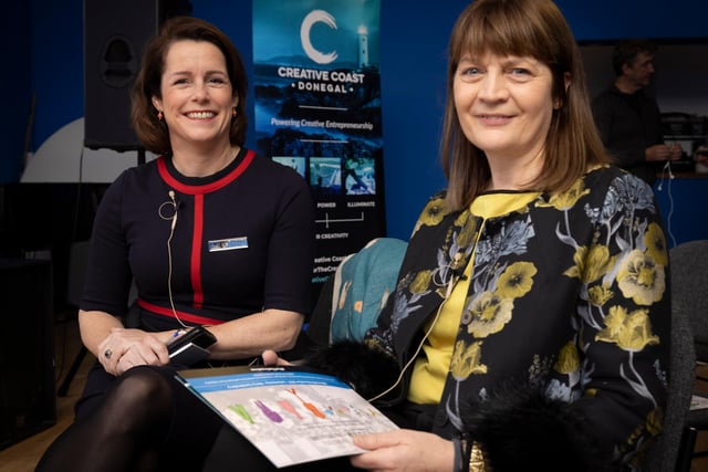 Aideen Bodkin, Fashion Designer, and Maria Couchman, of DCCoI, attend the official launch of Yarns Brand Development and Thought Leadership in the Fashion and Textile Industry in the Playhouse Theatre, Derry/Londonderry. Picture By Joe Dunne 18/11/22:.
