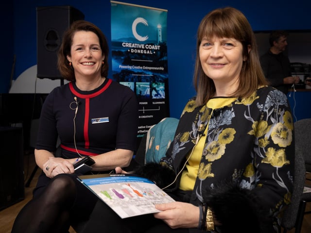 Aideen Bodkin, Fashion Designer, and Maria Couchman, of DCCoI, attend the official launch of Yarns Brand Development and Thought Leadership in the Fashion and Textile Industry in the Playhouse Theatre, Derry/Londonderry. Picture By Joe Dunne 18/11/22:.
