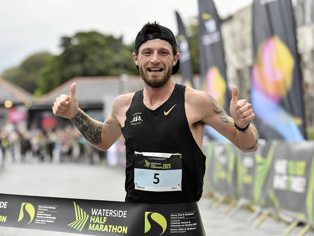 Stephen McCauley, Letterkeny AC wins the Waterside Half Marathon in a time of 1:08:46. Photo: George Sweeney
