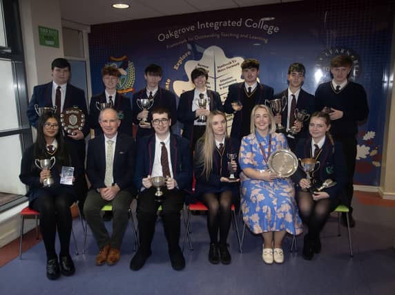 Year 12 curriculum prizewinners pictured with Head of Year, Mr David Middleton and Mrs Kellie-Marie Martin, Vice Principal at the Oakgrove Integrated College Senior Prizegiving. (Photos: Jim McCafferty Photography)