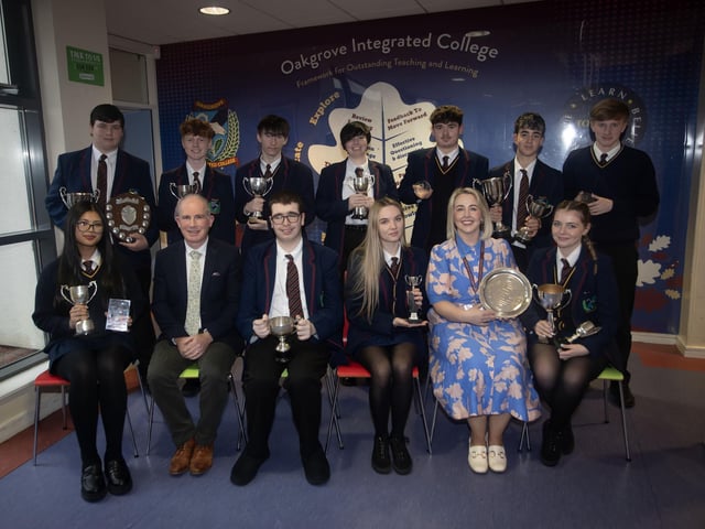 Year 12 curriculum prizewinners pictured with Head of Year, Mr David Middleton and Mrs Kellie-Marie Martin, Vice Principal at the Oakgrove Integrated College Senior Prizegiving. (Photos: Jim McCafferty Photography)