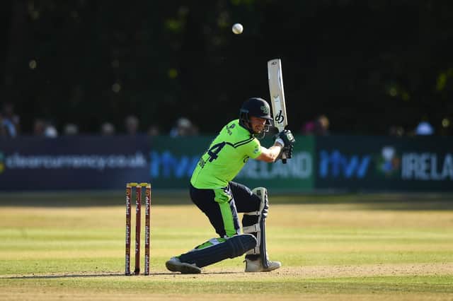 Craig Young of Ireland in action during the Men's T20 International match between Ireland and South Africa at Stormont in Belfast