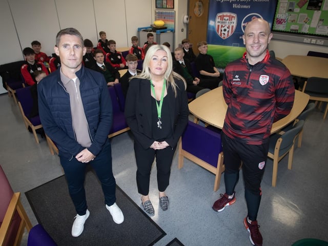 Mrs. Ciara Deane, Principal, St. Joseph's Boys School pictured with Daniel Harrison, Director of Operations, Steven Gerrard Academy and Mark McCrystal, Technical Director, Derry City FC at the school on Thursday last. (Photos: Jim McCafferty Photography)