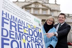 Minister for European Affairs, Mr. Peter Burke TD and the European Commissioner for Financial Services, Financial Stability and Capital Markets Union, Mairead McGuinness unveiled An Post’s first stamp of 2023 marking the 50th anniversary of Ireland joining the European Communities on Friday.