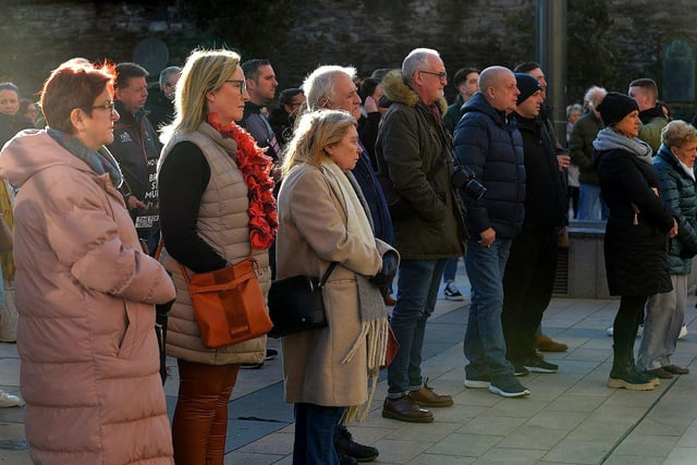 People gather at the ‘Bin the Legacy Bill’ protest, organised by The Bloody Sunday Trust and the Pat Finucane Centre, at Guildhall Square on Wednesday afternoon. Photo: George Sweeney. DER2247GS – 51