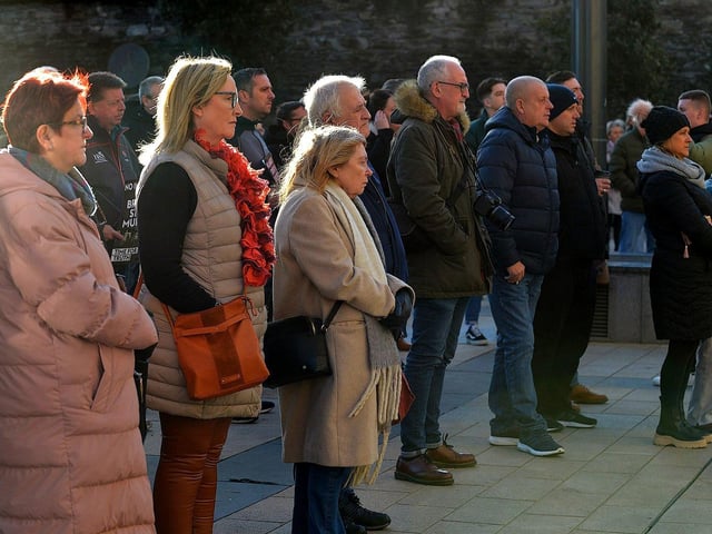 People gather at the ‘Bin the Legacy Bill’ protest, organised by The Bloody Sunday Trust and the Pat Finucane Centre, at Guildhall Square on Wednesday afternoon. Photo: George Sweeney. DER2247GS – 51