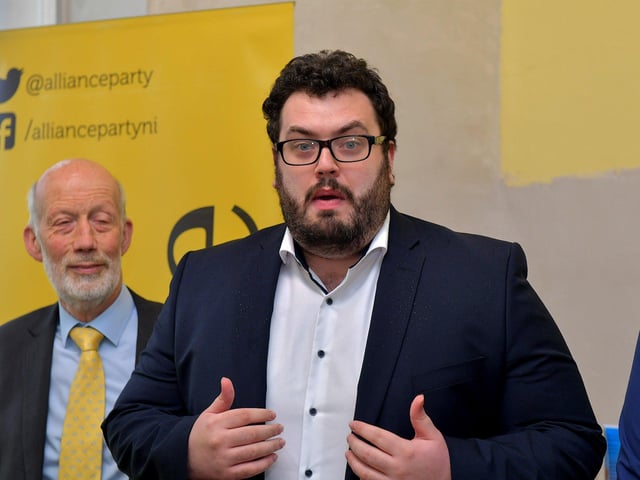 Alliance chairperson Colr. Stephen Donnelly , speaking at the official opening of the party’s new constituency offices at 1 Dacre Terrace, Carlisle Circus, Derry, on Wednesday morning. Photo: George Sweeney. DER2313GS – 31