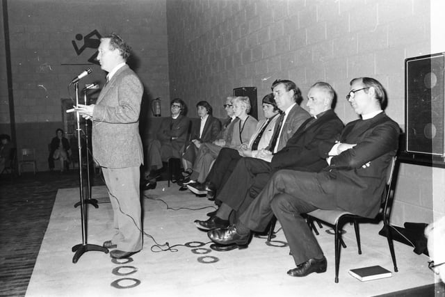 Mr. Packie McLaughlin, chairman, Quigley's Point Community Centre committee, officially opening the new centre in October 1982.