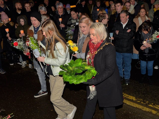 Mayor Sandra Duffy took part in a wreath laying event, at Strabane Old Road on Tuesday evening, marking the 50th Anniversary of the Annie’s Bar massacre. Photo: George Sweeney. DER2251GS – 15