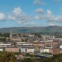 Derry City with the hills of Donegal in the background.