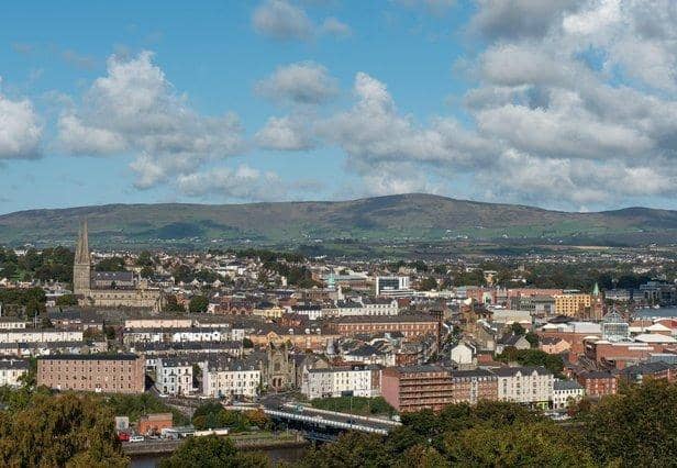 Derry City with the hills of Donegal in the background.