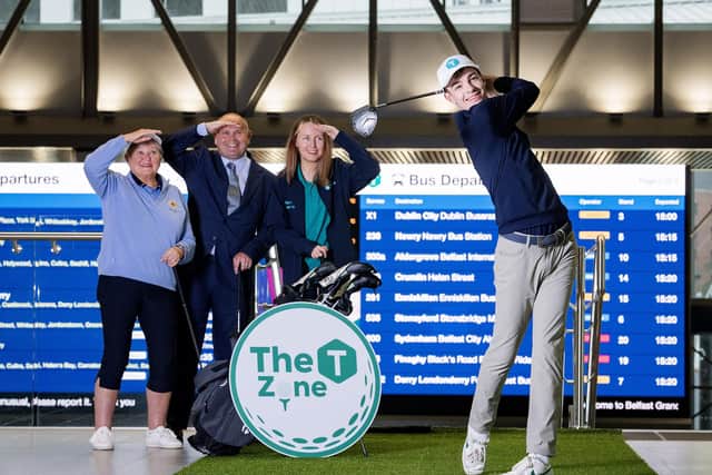 Local golfers tee off at Belfast Grand Central Station to help launch Translink’s ‘T Zone’ – a free, family-friendly fanzone coming to the station from 17th–20th July to celebrate the return of The 153rd Open. The vibrant space will feature interactive golf-themed activities whilst encouraging a cleaner, greener way to travel via public transport. Pictured are (front) Noah Gibson, Juvenile Convener, Holywood Golf Club, (back, l-r) Ruth Watt, Lady Captain, Holywood Golf Club, Clive Watson, Translink, and Georgia Bryans, Translink.