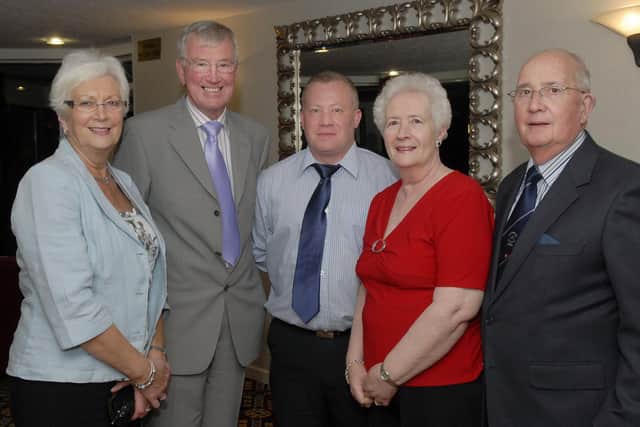 Robert Ferris, on right, at an annual dinner in the White Horse Hotel for Institute Football Club, with from left, Joan Ferguson, Charlie Ferguson, Ground Development Committee, Trevor Hewitt, Chairman, and his wife Elsie Ferris. LS18-112KM10