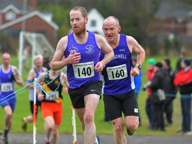 Foyle Valley’s Pius McIntyre (140) competing in the Spartans open cross country 6k race at Thornhill College on Saturday. Photo: George Sweeney