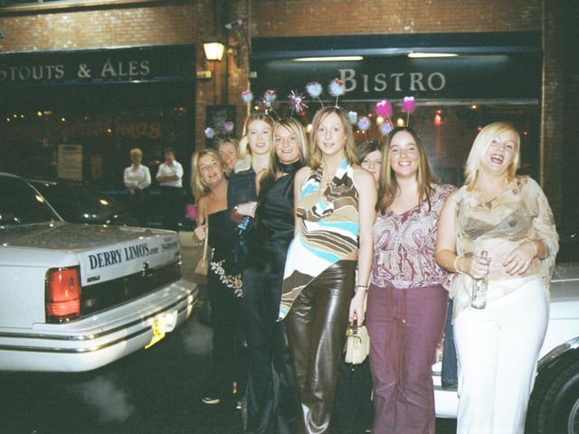 Nicola White, on right, and some of her pals arrive in style for her 18th birthday party at Beckett's Bar in Foyle Street.
