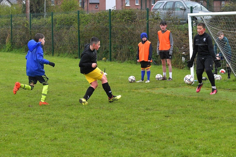 Soccer skills on show at the Derry City Easter Camp, on Tuesday,  at Broadbridge Primary School. Picture: George Sweeney. DER2315GS – 129