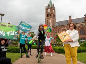 The Carnival of Colours makes a welcome return to the centre of Derry from the 1st to the 2nd of July from 1pm to 6pm each day. The hugely popular free event organised by In Your Space Circus will see jugglers, musicians and comic  and street theatre performances over the weekend. The event launched by the Mayor, Councillor Patricia Logue who was entertained by Jugglers, Eve and Gabriel Crouch, Candy Crouch, Lukie Luke and Rachel Melaugh from the circus troupe. Picture Martin McKeown. 23.06.23