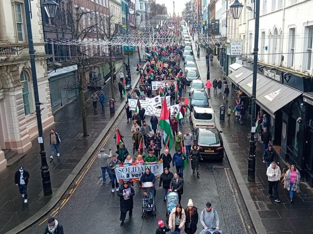 Thousands participate in Derry rally for Palestine calling for a ceasefire in Gaza on January 13, 2024