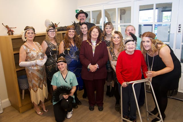 The Mayor Patricia Logue with Oakleaves Care Centre staff at a 1920s themed party on Friday last.