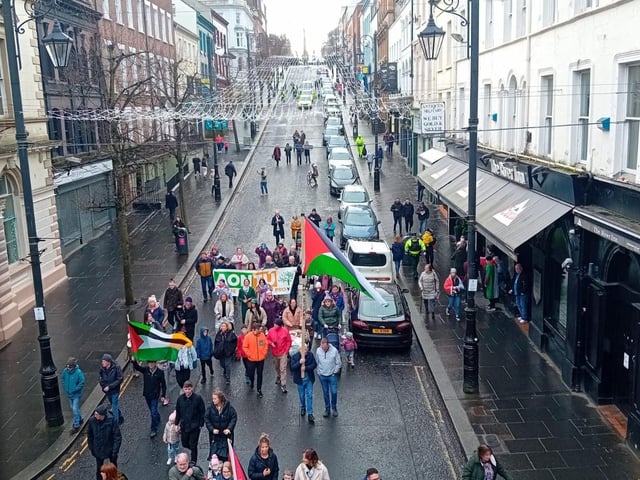 Thousands participate in Derry rally for Palestine calling for a ceasefire in Gaza on January 13, 2024