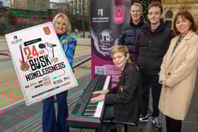 The Mayor with local musicians and representatives of the Nerve Centre and First Housing.