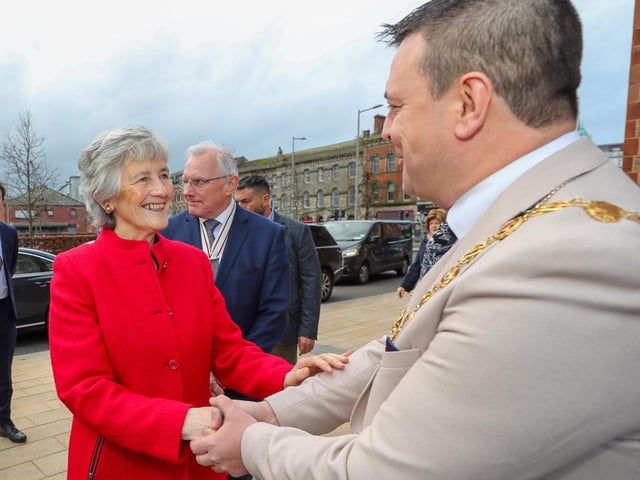 Irish President Catherine Connolly greeted by the Mayor of Derry and Strabane, Councillor Ruairí McHugh, on her arrival at the Guildhall. Photo Lorcan Doherty