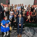 Derry Journal People of the Year Awards 2025. Mayor Ruairí McHugh, Brendan McDaid, editor of the Derry Journal and host Micky Doherty pictured with Award Winners and sponsors at the Everglades Hotel. Photo: George Sweeney