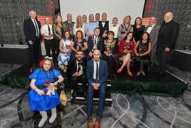 Derry Journal People of the Year Awards 2025. Mayor Ruairí McHugh, Brendan McDaid, editor of the Derry Journal and host Micky Doherty pictured with Award Winners and sponsors at the Everglades Hotel. Photo: George Sweeney
