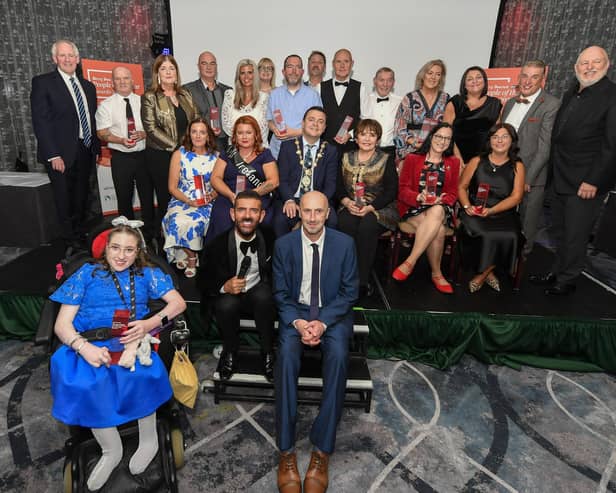 Derry Journal People of the Year Awards 2025. Mayor Ruairí McHugh, Brendan McDaid, editor of the Derry Journal and host Micky Doherty pictured with Award Winners and sponsors at the Everglades Hotel. Photo: George Sweeney