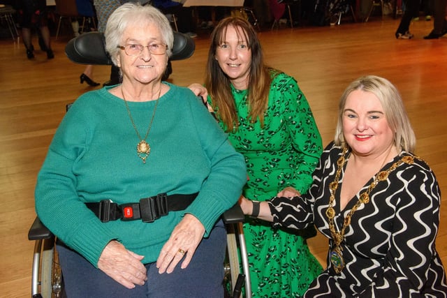 The Mayor Councillor Sandra Duffy once again welcomed people to the Guildhall as she hosted another popular Derry City and Strabane District Council Tea Dance. Included are, Veronica Mullan and Fiona Shortt from Thackeray Day Centre. Picture Martin McKeown. 09.11.22:.:The Mayor's Tea Dance