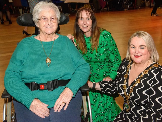 The Mayor Councillor Sandra Duffy once again welcomed people to the Guildhall as she hosted another popular Derry City and Strabane District Council Tea Dance. Included are, Veronica Mullan and Fiona Shortt from Thackeray Day Centre. Picture Martin McKeown. 09.11.22:.:The Mayor's Tea Dance