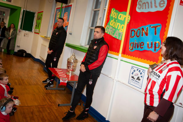 Derry City midfielder Joe Thomson is poised to take some difficult questions from the floor during his visit to St Eugene's PS.