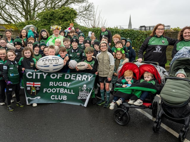 The Deputy Mayor, Alderman Nyree McMorris pictured with City of Derry Rugby Club at the St.Patrick's Day Spring Carnival in Derry
The annual St. Patrick’s Day Spring Carnival took to the streets of Derry on Tuesday as the annual celebration brought entertainers into the city centre before a parade watched by thousands made its way down Shipquay Street past the historic Guildhall. Picture Martin McKeown. 17.03.26