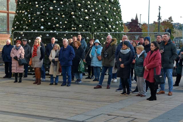 Relatives of victims of the troubles protest against the proposed Northern Ireland Troubles (Legacy and Reconciliation) Bill, organised by The Bloody Sunday Trust and the Pat Finucane centre, at Guildhall Square on Wednesday afternoon. DER2247GS – 55
