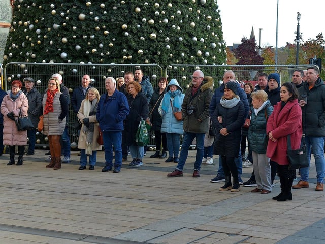 Relatives of victims of the troubles protest against the proposed Northern Ireland Troubles (Legacy and Reconciliation) Bill, organised by The Bloody Sunday Trust and the Pat Finucane centre, at Guildhall Square on Wednesday afternoon. DER2247GS – 55