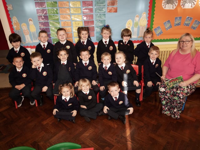 Mrs. Michaela McMonagle pictured with her P1 class at Holy Child PS this week. (Photos: Jim McCafferty Photography)