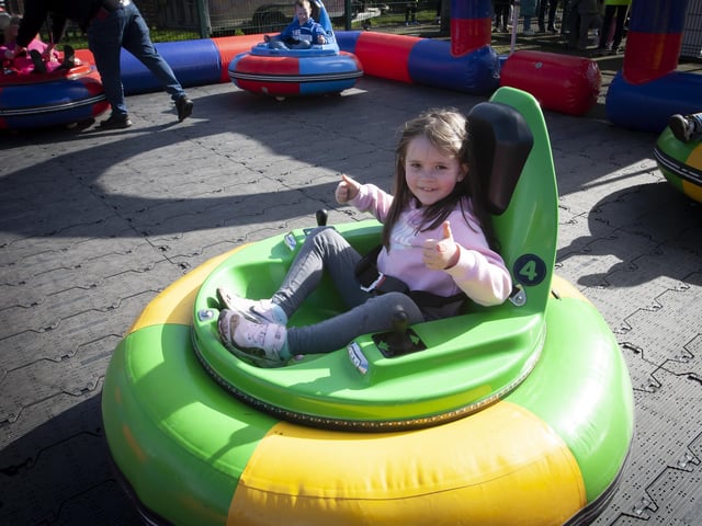 Big smiles and thumbs up for a bumper ride from Cara Forbes (6) on Saturday.