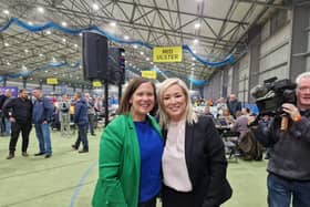Sinn Féin leader Mary Lou McDonald and First Minister Michelle O'Neill at the count centre in Magherafelt.