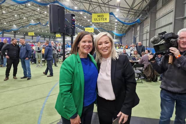 Sinn Féin leader Mary Lou McDonald and First Minister Michelle O'Neill at the count centre in Magherafelt.