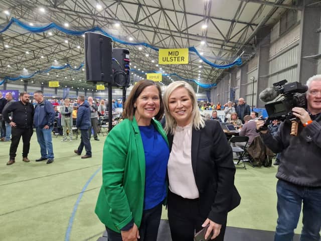 Sinn Féin leader Mary Lou McDonald and First Minister Michelle O'Neill at the count centre in Magherafelt.