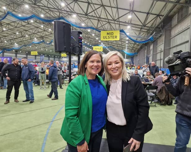 Sinn Féin leader Mary Lou McDonald and First Minister Michelle O'Neill at the count centre in Magherafelt.
